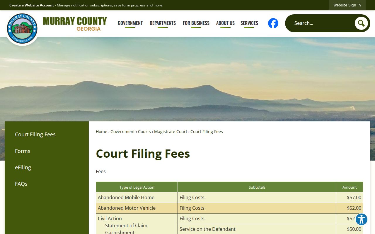 Official Murray County court filing fee information page