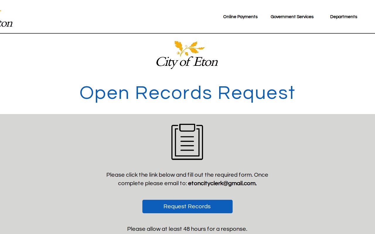 Official Eton open records request page for city and municipal records